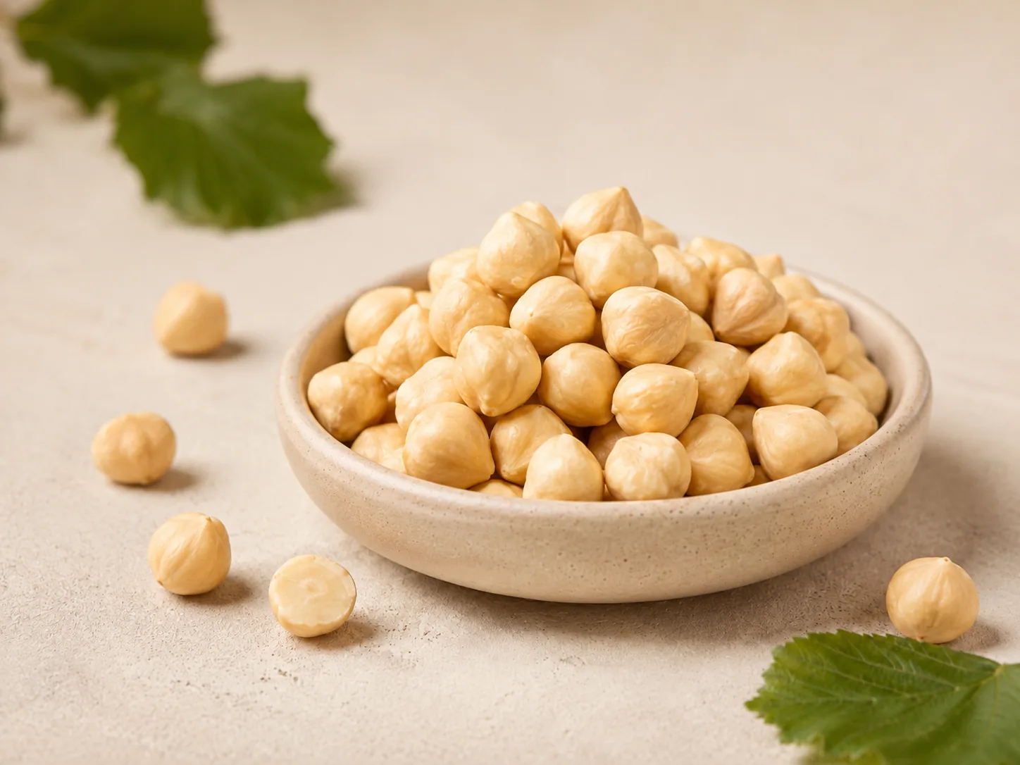 Blanched hazelnuts in a ceramic bowl