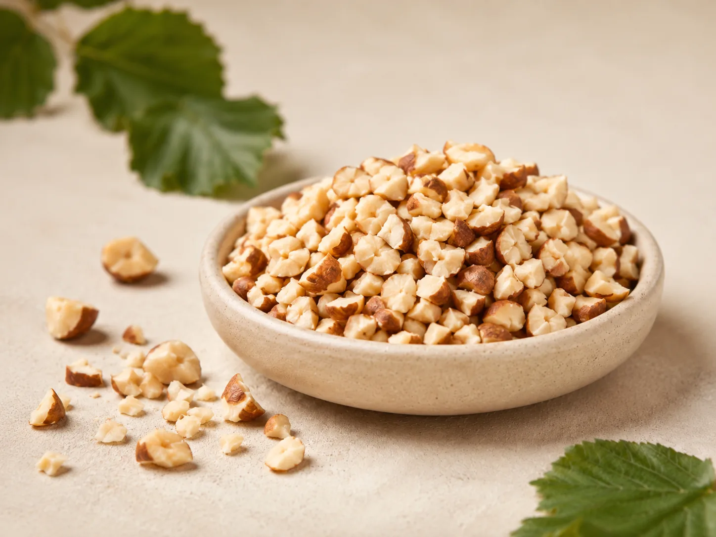 Chopped hazelnut pieces in a ceramic bowl