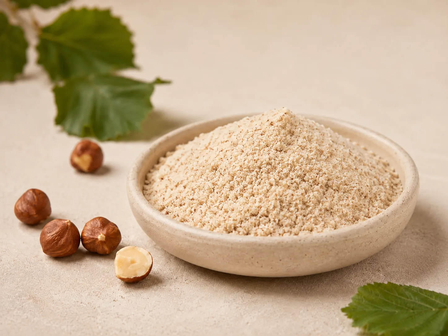 Hazelnut flour in a ceramic bowl