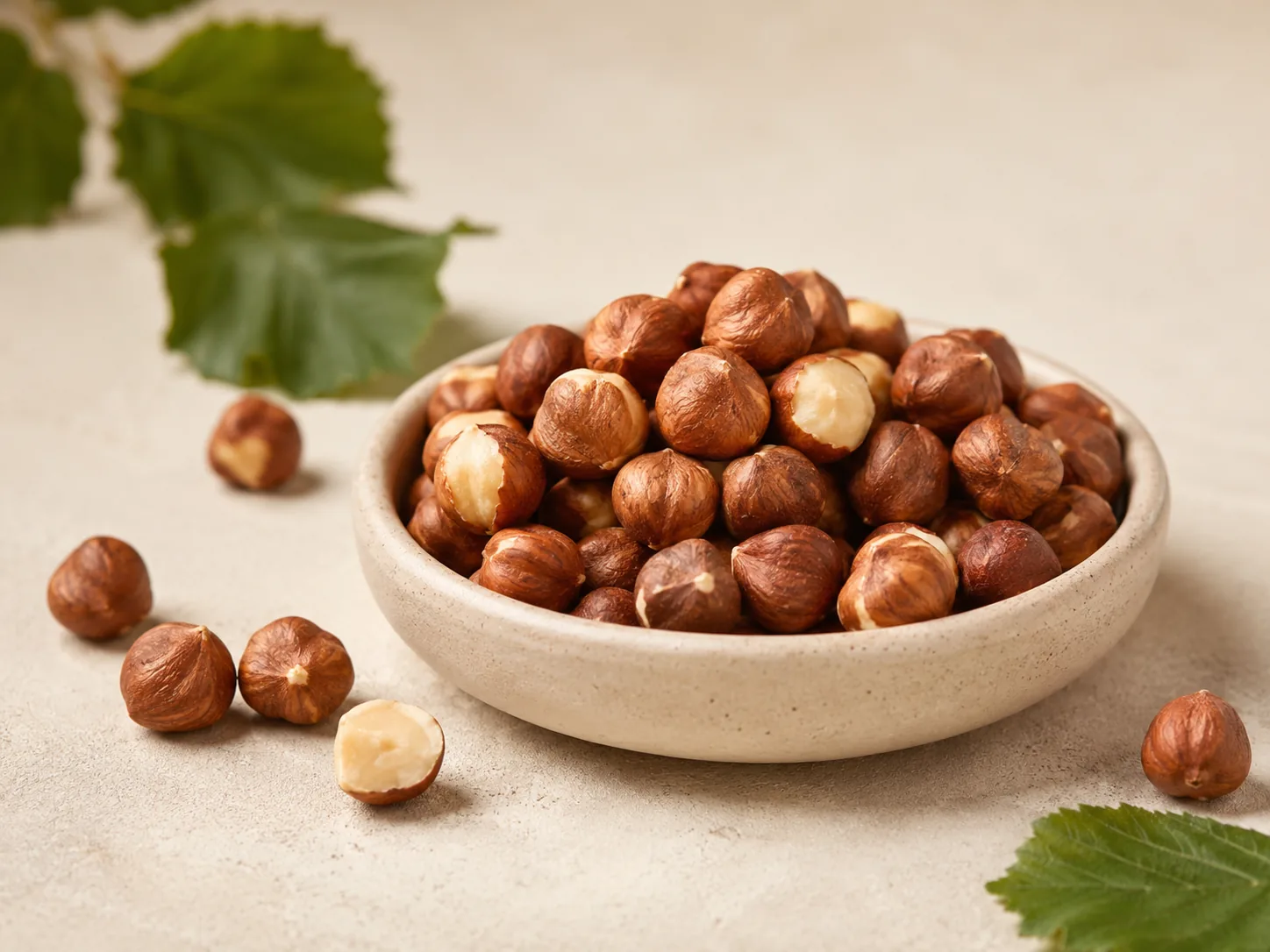 Natural kernel hazelnuts in a ceramic bowl