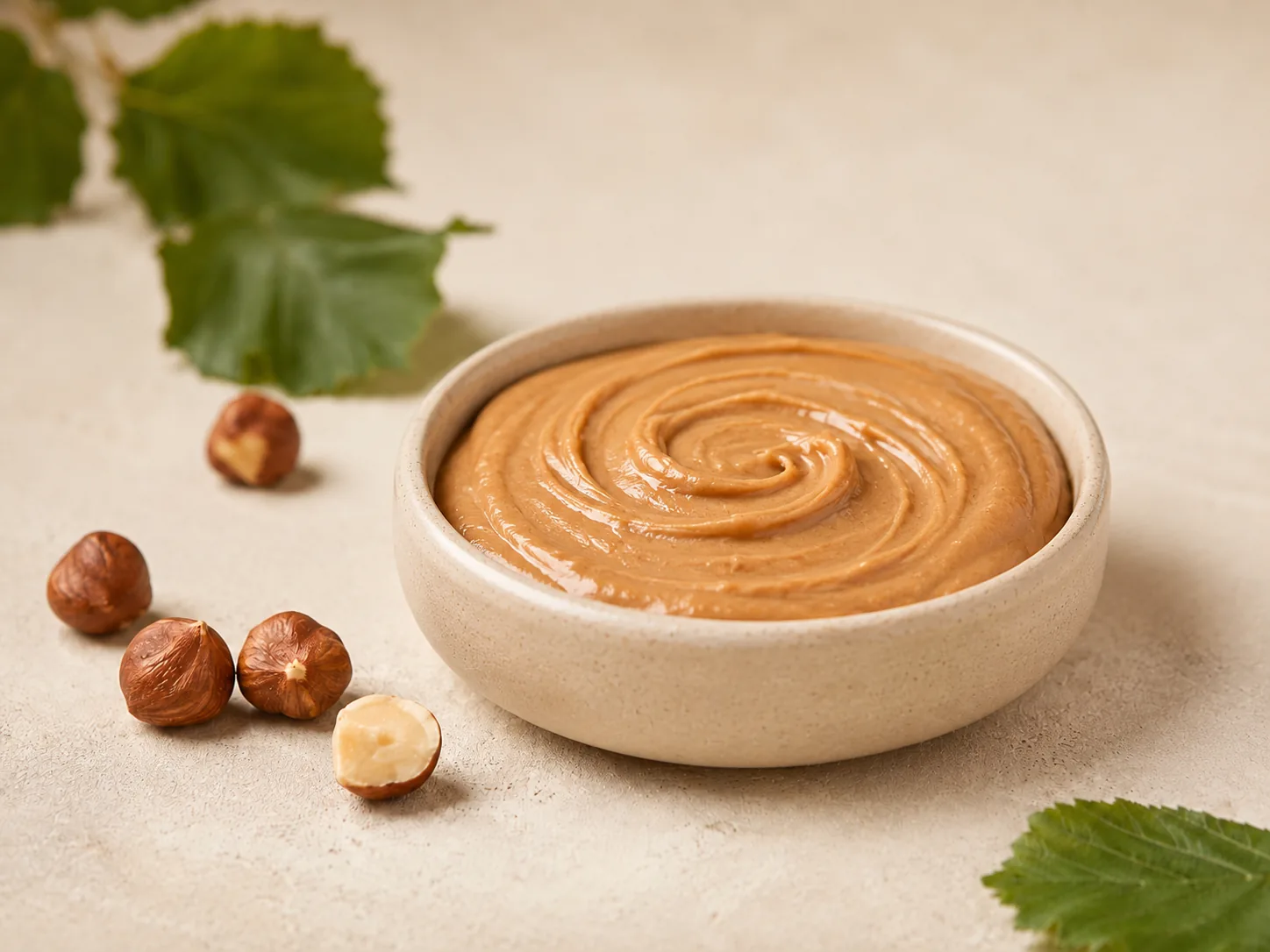 Smooth hazelnut paste in a ceramic bowl