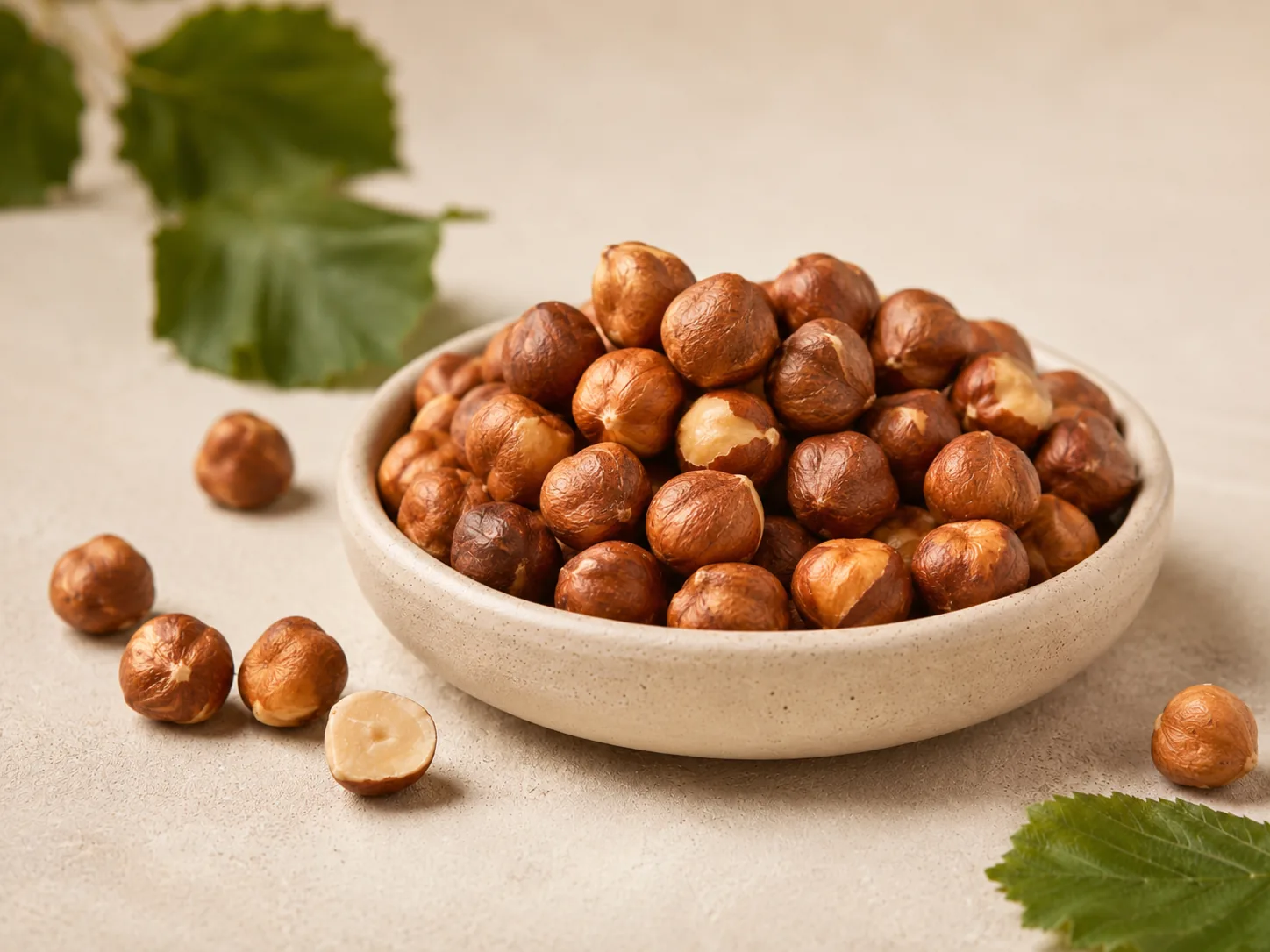 Roasted hazelnuts in a ceramic bowl